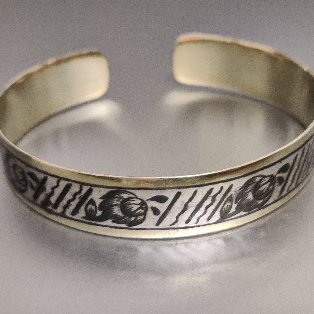 Vintage Soviet Gilt Silver Niello Cuff Bracelet